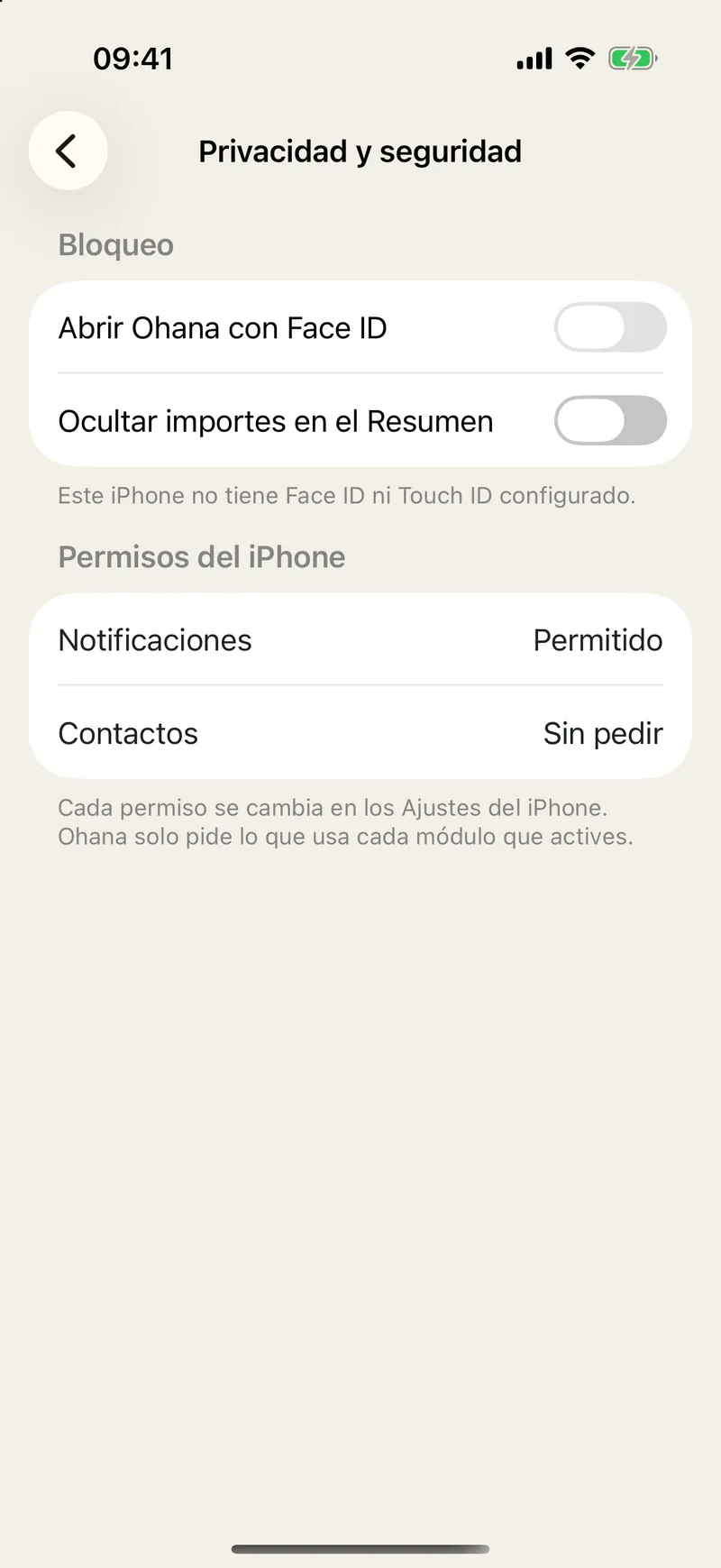 Ajustes de privacidad y seguridad de Ohana